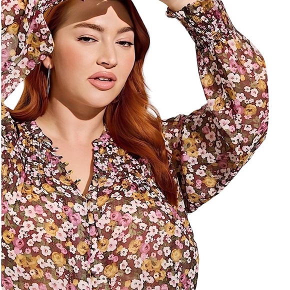 Torrid Crinkle Chiffon Smocked Floral Blouson Sleeve Blouse Size 2X Peasant Top - Picture 4 of 16
